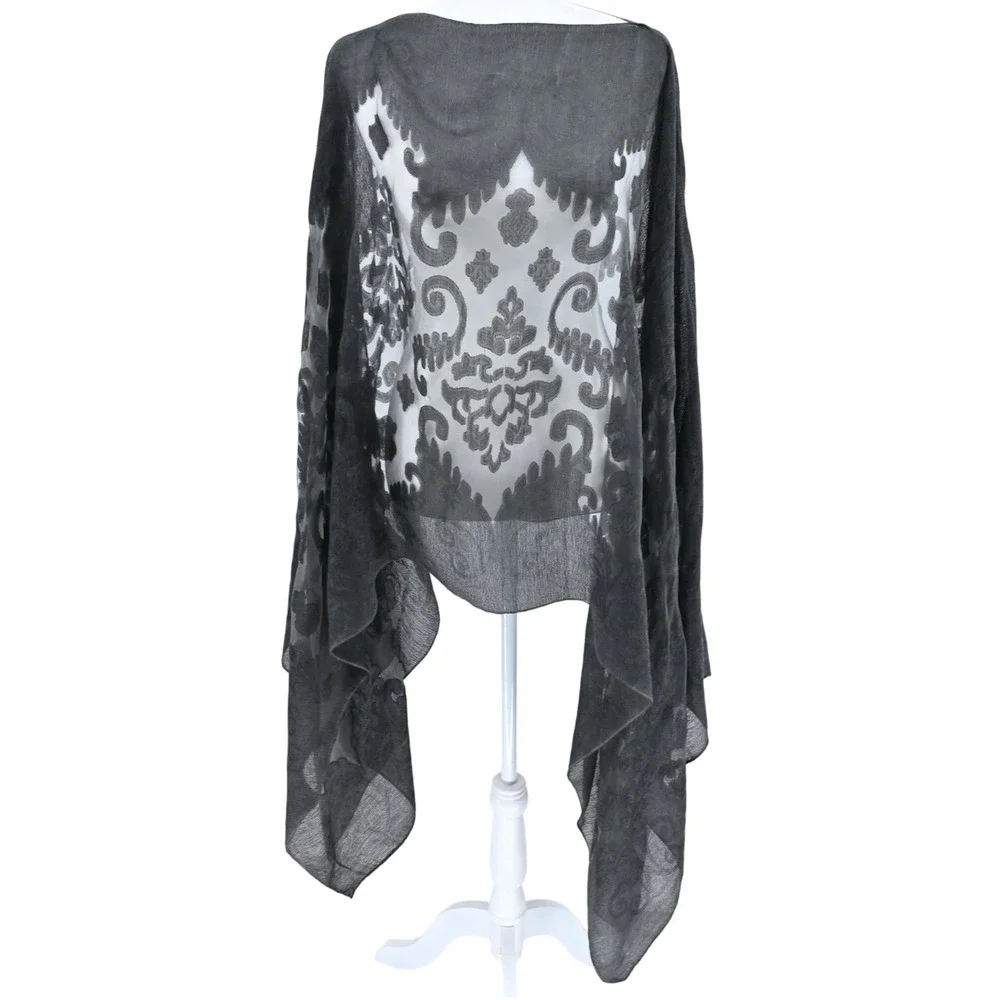 Black Burnout Velvet Damask Poncho Wrap Shawl Whimsigoth Festival Cape Coverup
